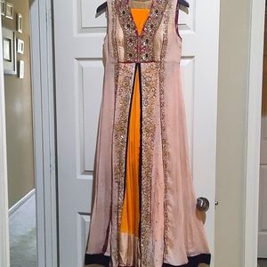 Custom Bargello Anarkali Kundan Embellished Indian Gown 2 duputtas Designer XS